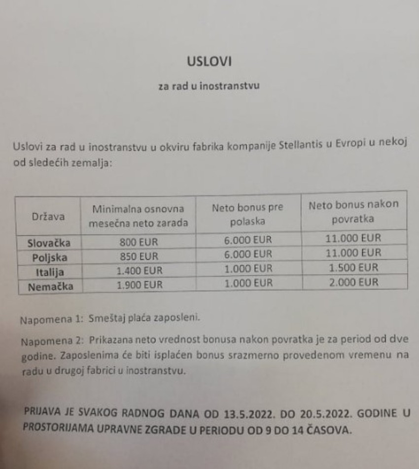 Dopis za koji radnici Fijata tvrde da su im uručeni