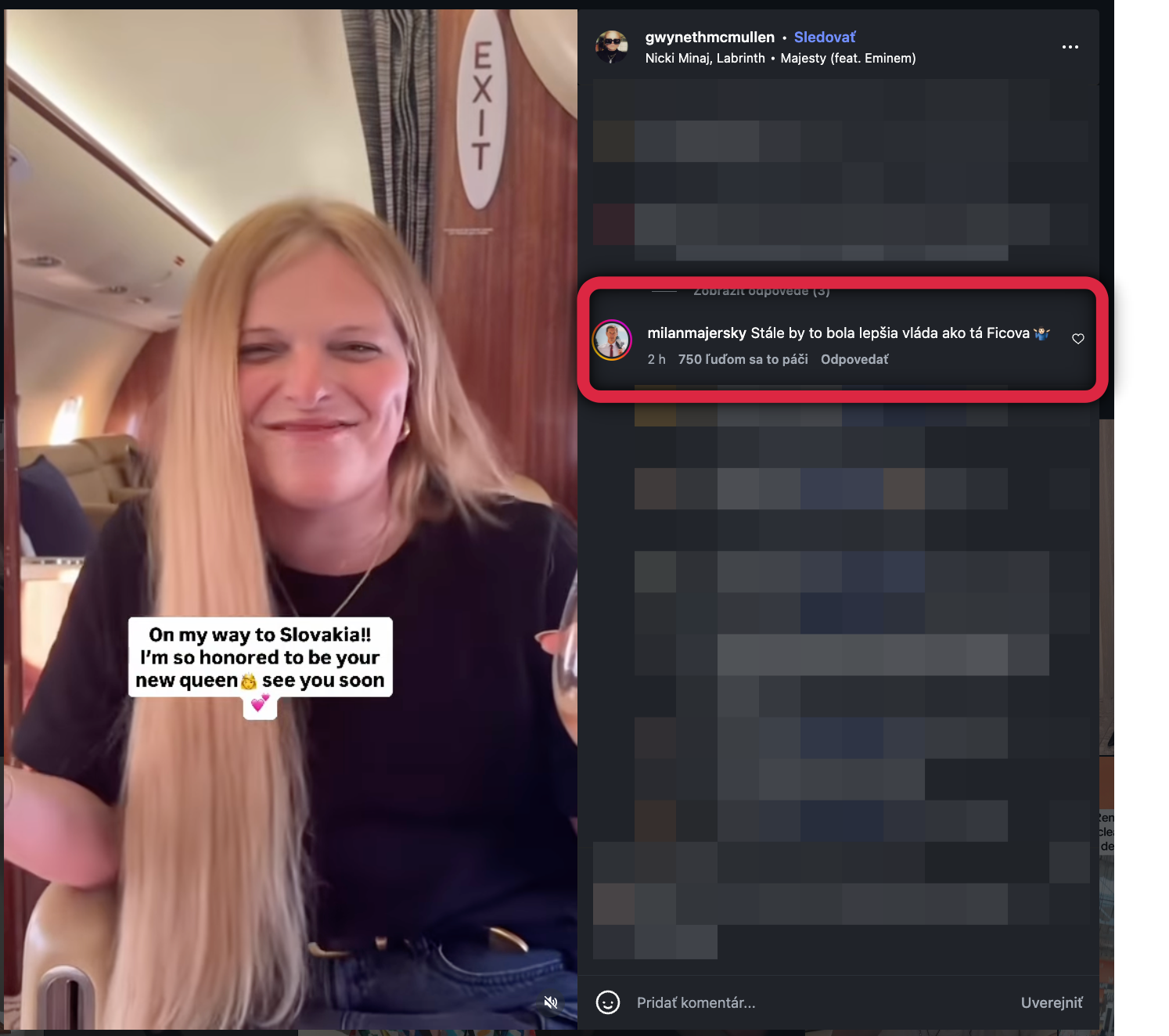 Na príspevok influencerky Gwen McMullen reagoval séf KDH Milan Majerský.