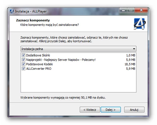 Podczas instalacji wybieramy moduły programu. Warto zrezygnować z ALLConverter PRO (odznaczyć), ponieważ program wymaga wykupienia pełnej wersji. W wersji testowej jest nieprzydatny