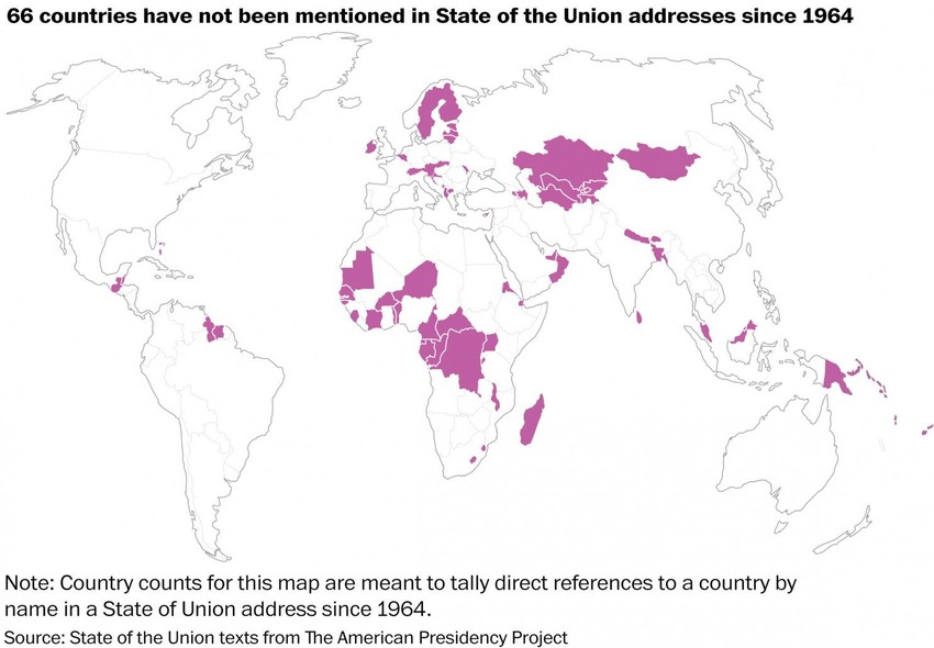 Mapa država koje američki predsednici nisu spominjali u proteklih 50 godina