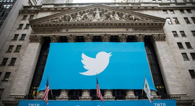 The Twitter logo displayed on a banner outside the New York Stock Exchange