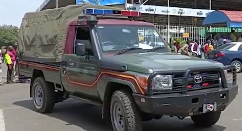 Police car outside Equity Bank, Anagwa Branch in Kisumu