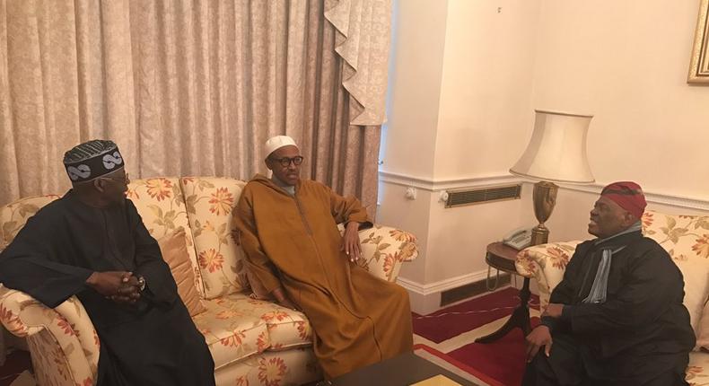 President Muhammadu Buhari meets with Asiwaju Bola Ahmed Tinubu and Chief Bisi Akande at the Abuja House in London on February 9, 2017.