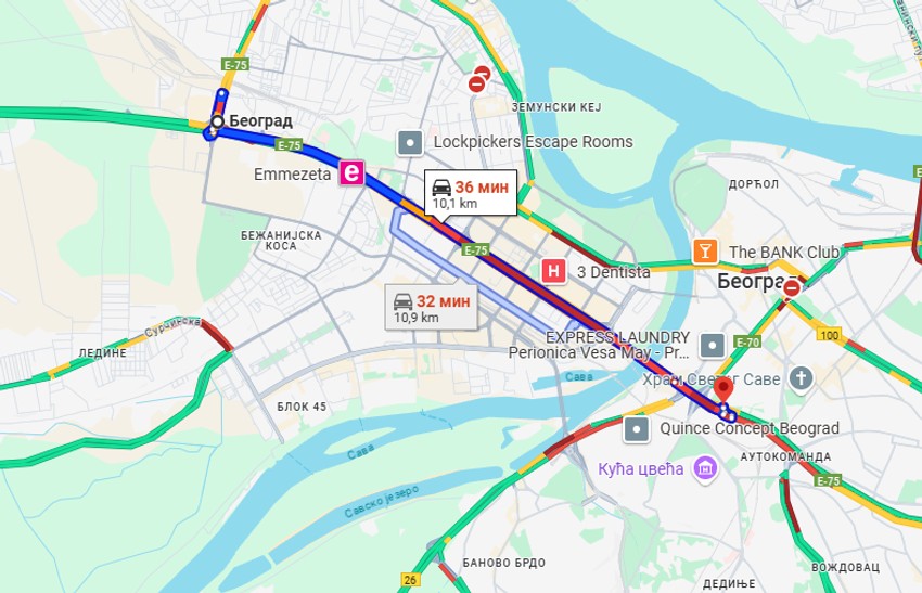 Vreme vožnje od Studentskog grada do Dušanovca auto-putem