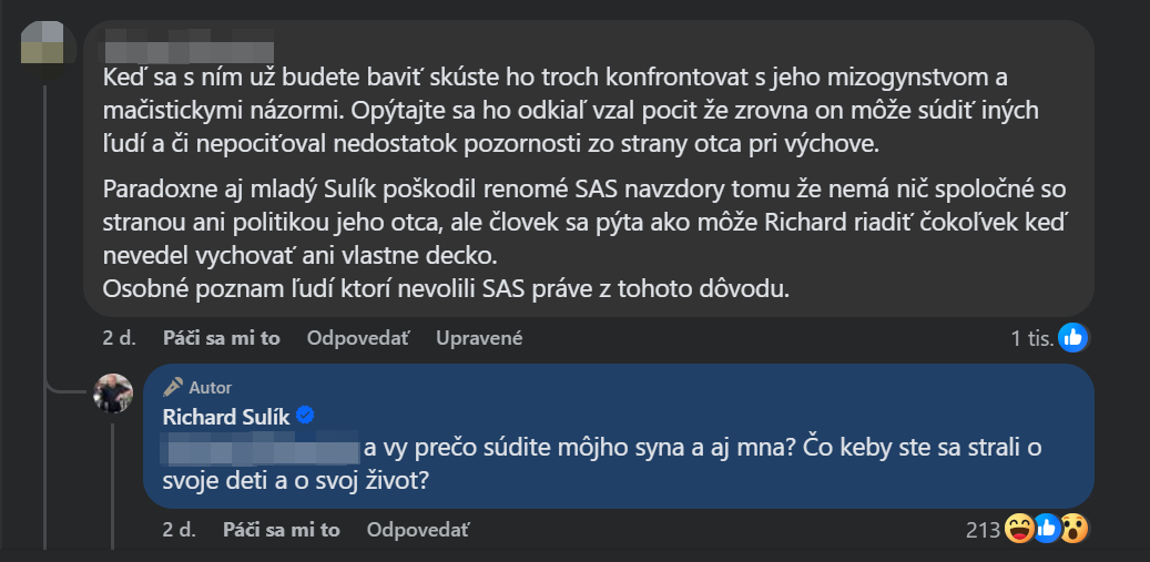 Richard Sulík reagoval na negatívne komentáre o jeho synovi Filipovi. 