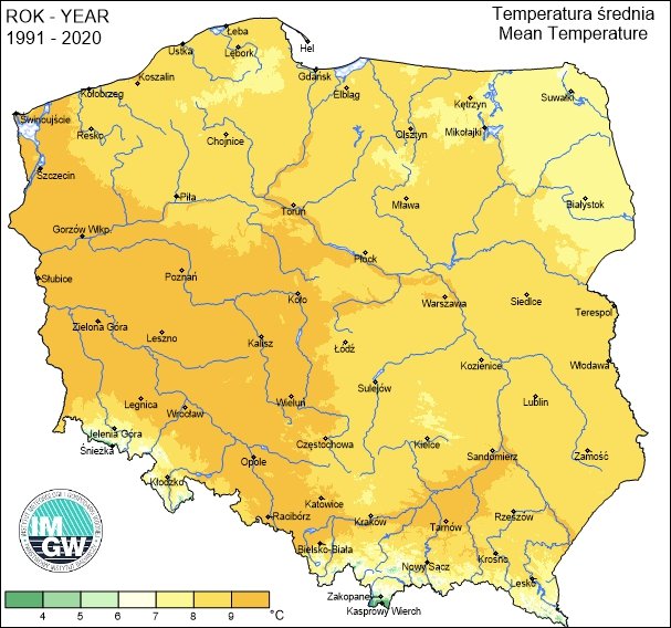 Średnia roczna temperatura w Polsce (1991-2020)