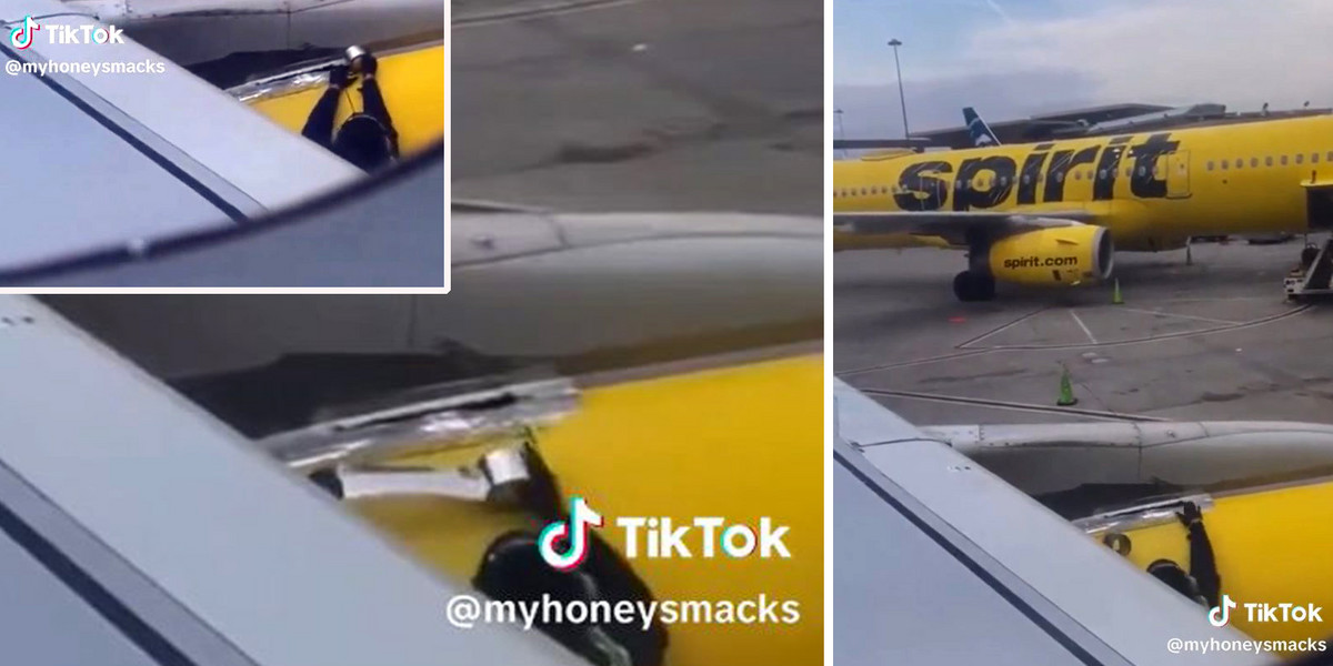 Przerażona pasażerka widziała prowizoryczną naprawę skrzydła samolotu.