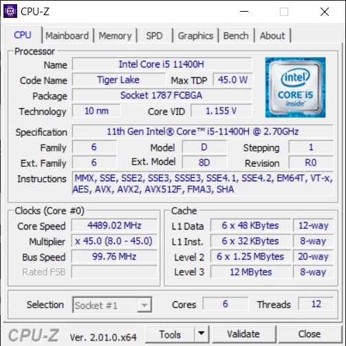 MSI GF63 Thin (11UD) – CPU-Z – specyfikacja Intel Core i5-11400H