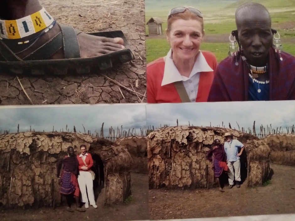 1) Papuče koje Masai izrađuju od starih duma 2) Zoranova sestra i sin poglavice plemena 3 i 4) Zoranova sestra i Zoran sa pripadnicima plemena ispred njihovih domova