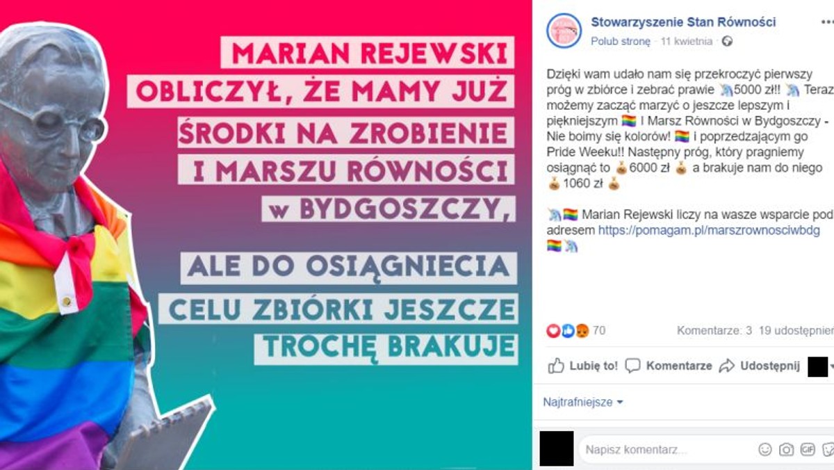 Bydgoszcz: Marsz Równości. Kontrowersje wokół pomnika Rejewskiego z tęczą