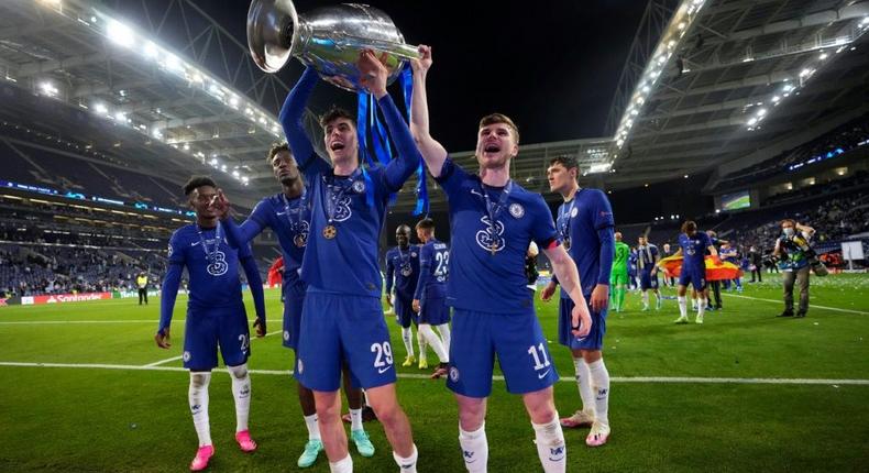 Chelsea's Germany stars Kai Havertz (L front) and Timo Werner (R front) celebrate winning the Champions League final last Saturday Creator: Manu Fernandez
