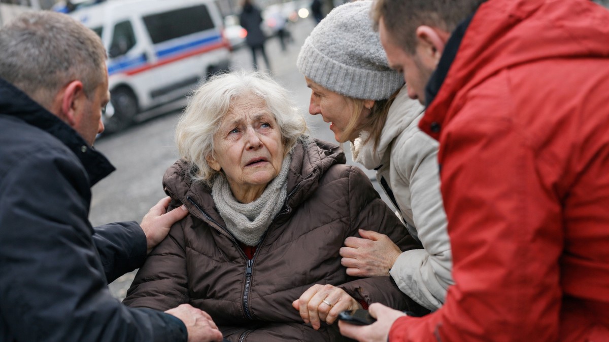 pomoć starijoj ženi, ilustracija