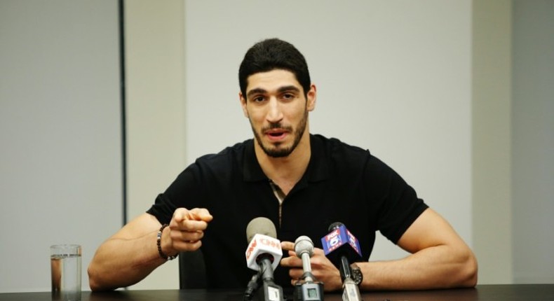 Turkish NBA Player Enes Kanter speaks to media during a news conference about his detention at a Romanian airport on May 22, 2017 in New York City