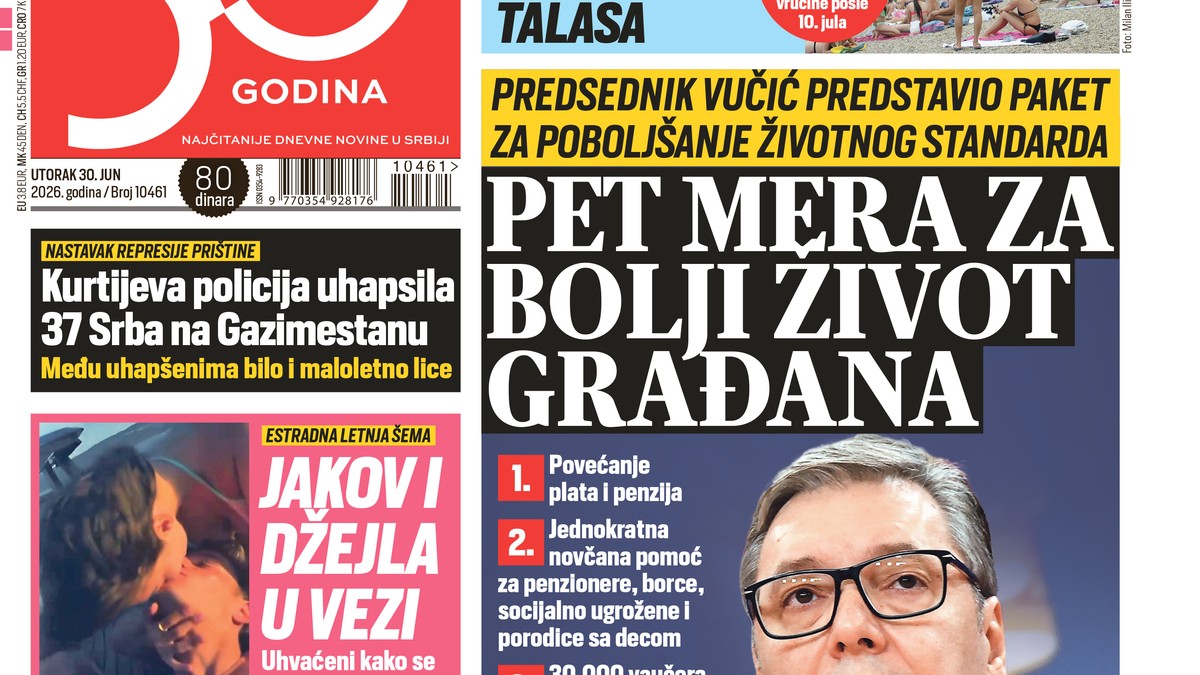 Blic naslovna strana za 30.6.