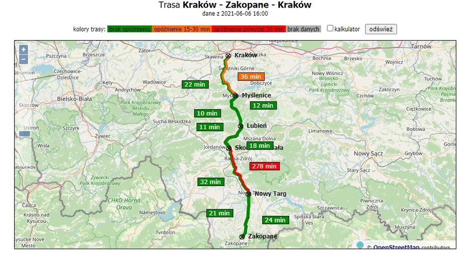 Natężenie ruchu na trasie Zakopane-Kraków, godz. 16:00