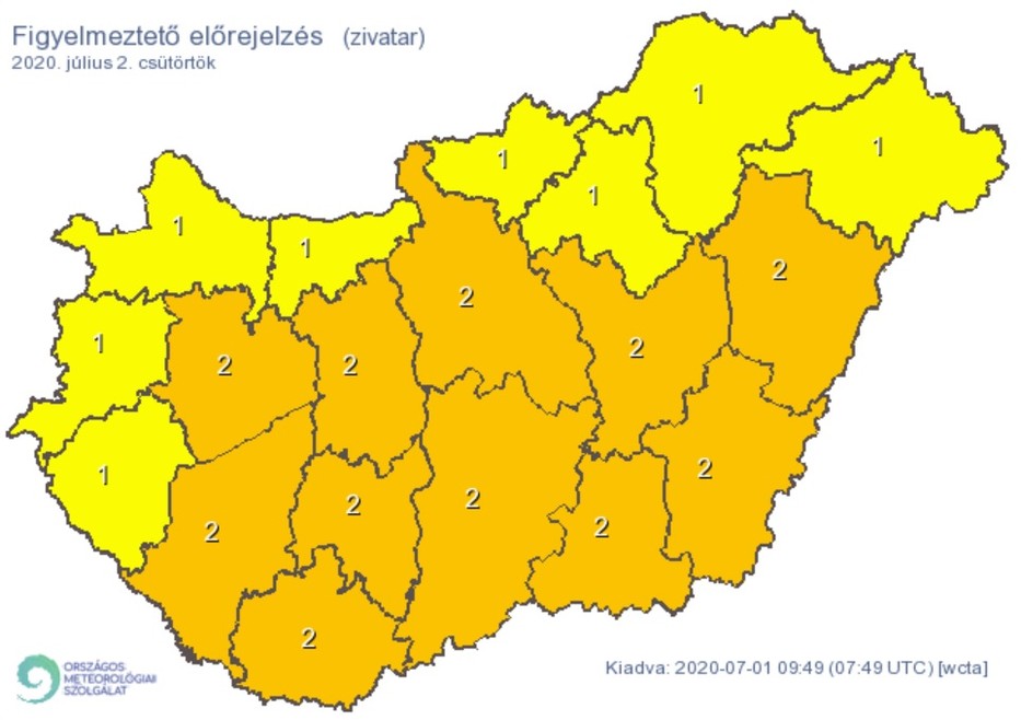 Csütörtökön az ország nagy részén másodfokú riasztás van érvényben a heves zivatarok miatt / Grafika: Met.hu