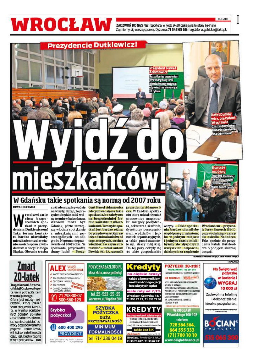 Czołówka wrocławskiego Faktu z 18 listopada 2013 roku