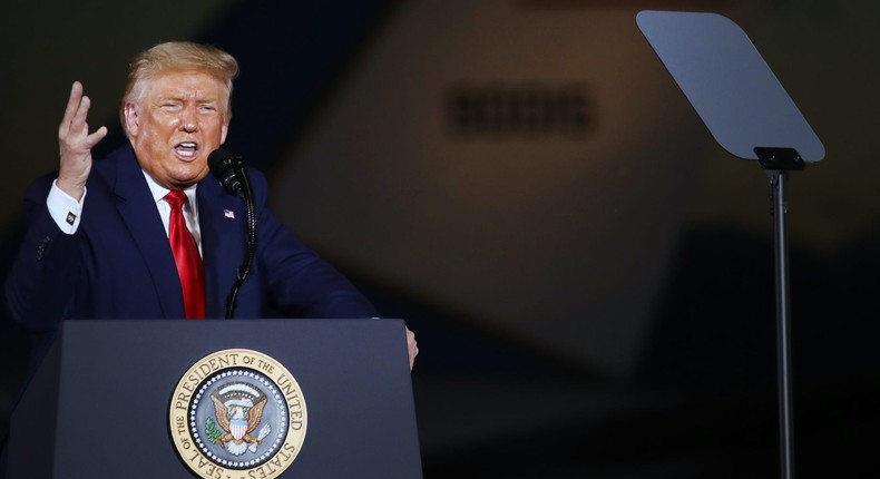 President Donald Trump speaks at an airport hanger at a rally a day after he formally accepted his partys nomination at the Republican National Convention on August 28, 2020 in Londonderry, New Hampshire.