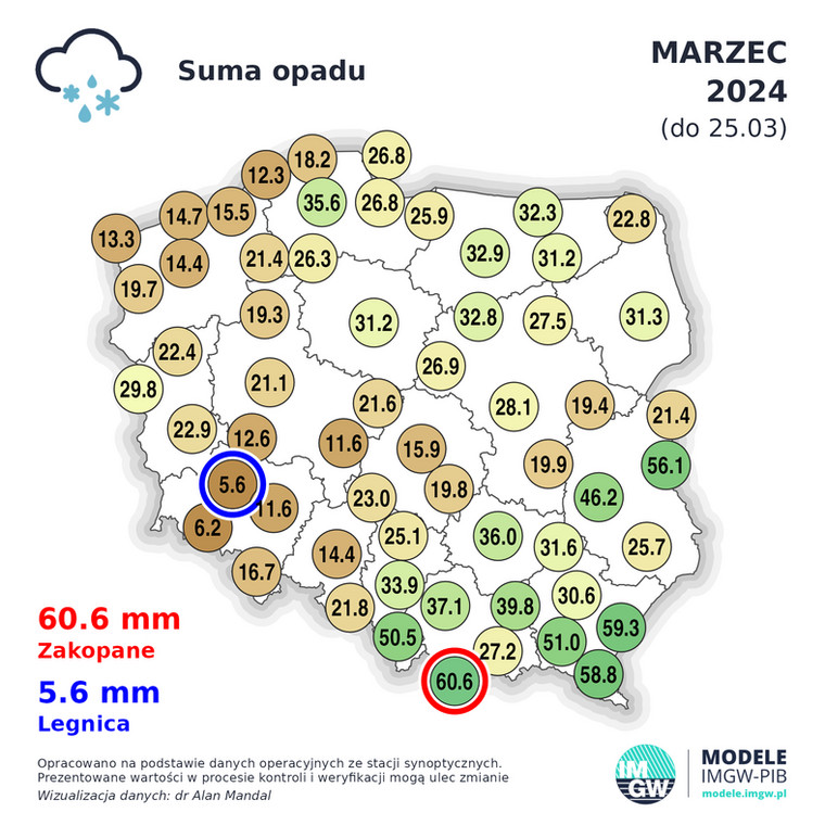 Suma opadów w Polsce w marcu (do 25.03)