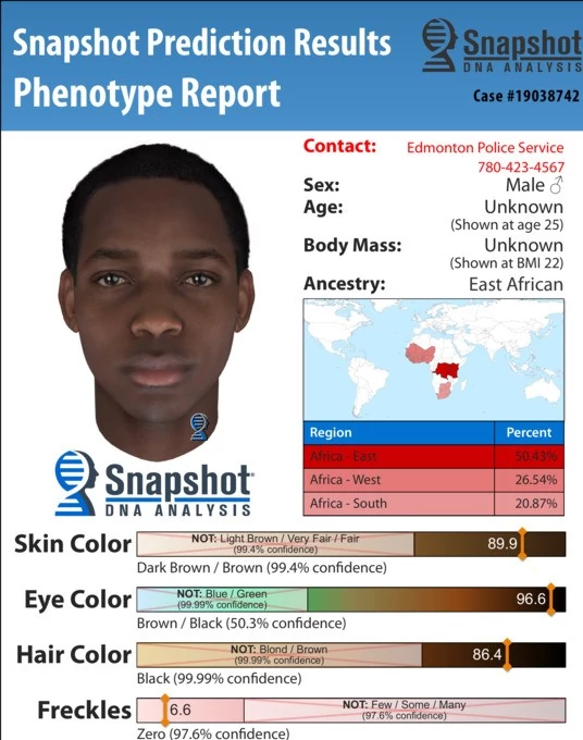 Opublikowany przez policję Edmonton wygenerowany komputerowo obraz podejrzanego uzyskany na podstawie informacji z fenotypowania DNA