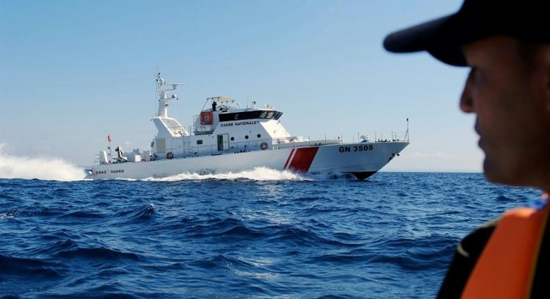 Tunisian coastguards take part in an anti-smuggling patrol off the country's northern coast on March 30, 2017