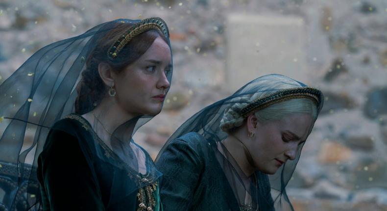 Alicent (Olivia Cooke) and Helaena (Phia Saban) had to partake in a public funeral procession after Halaena's only son Jaehaerys was killed in House of the Dragon season two, episode one.Theo Whitman/HBO