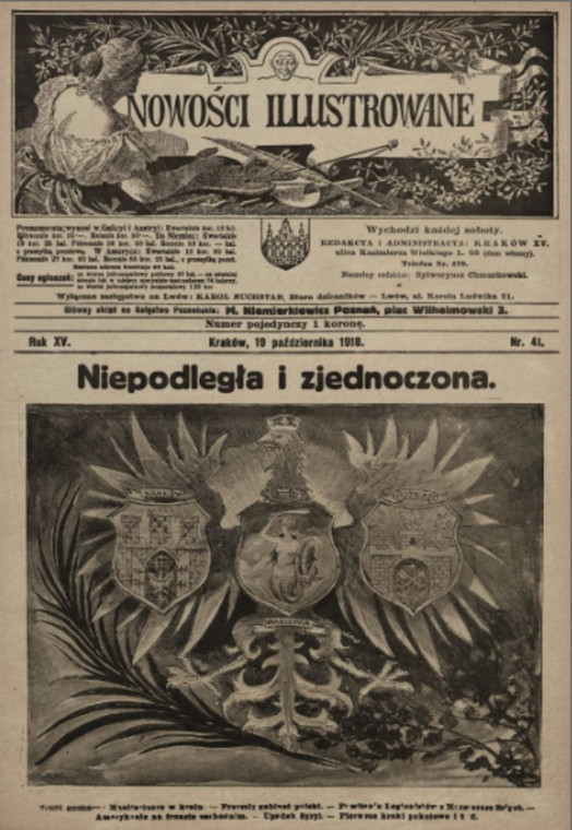 Pierwsza strona Nowości Illustrowanych z 19 października 1918 r. Temat numeru – odzyskanie niepodległości.