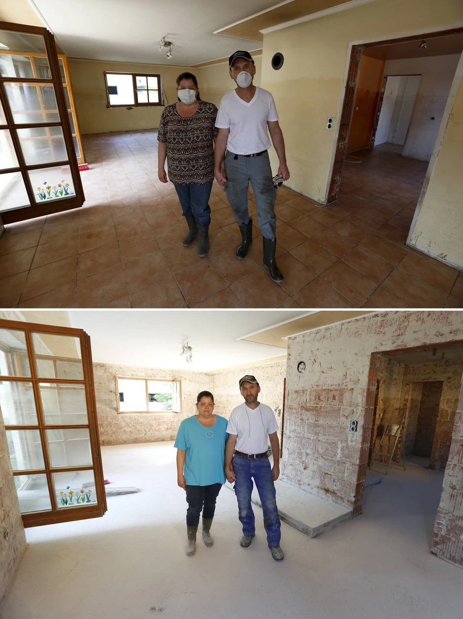 Manuela i Herbert Šmid u dnevnoj sobi svoje kuće 12. juna (gore) i 21. juna (dole), nakon što im je poplava uništila kuću