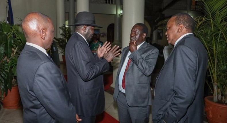 South Sudan President Salva Kiir, President Uhuru Kenyatta, Deputy President William Ruto and former Prime Minister Raila Odinga during the dinner at State House (Courtesy)