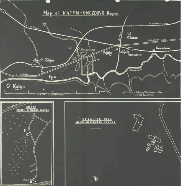 Mapa Lasu Katyńskiego z zaznaczonymi grobami polskich oficerów. Fot. National Archives