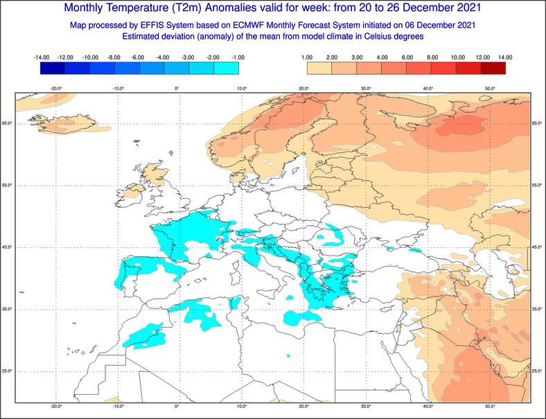 Odchylenie temperatury od normy w Europie w dniach 20-26.12. Trzecia dekada znów chłodniejsza?