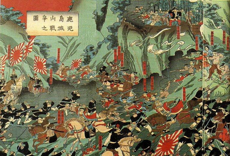Saigō (u góry, po prawej) dowodzi swymi wojskami w bitwie pod Shiroyamą