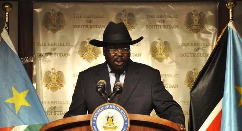 South Sudan's President Salva Kiir addresses a news conference at the Presidential palace in Juba, September 15, 2015. REUTERS/Jok Solomun