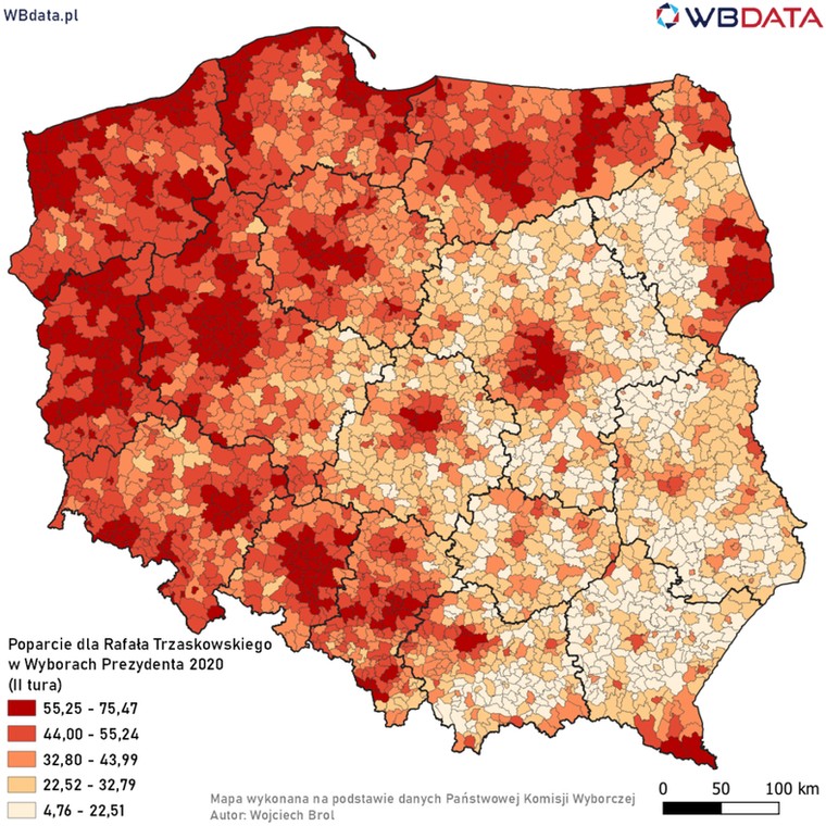 Mapa poparcia dla Rafała Trzaskowskiego