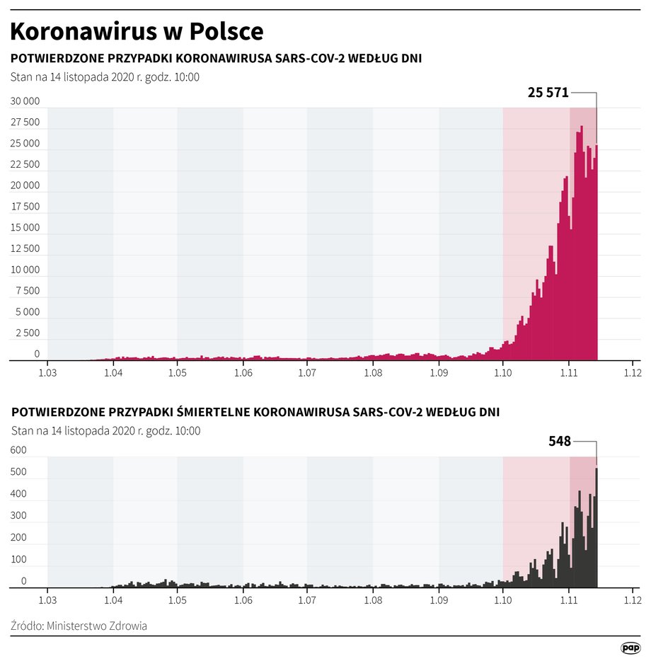 Rozwój pandemii COVID-19 w Polsce. Dane z 14 listopada 2020 r. 