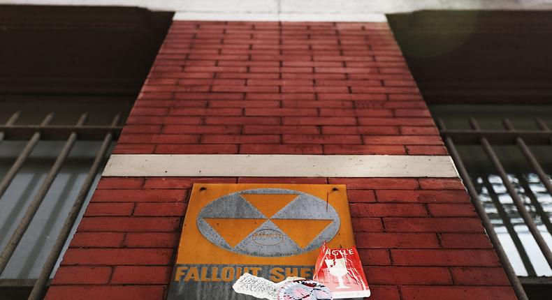 A leftover fallout shelter sign is seen on a building in New York.