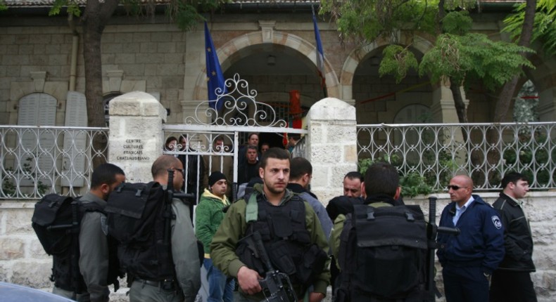 Israeli border police surround the entrance of the French cultural centre in annexed east Jerusalem during a previous diplomatic spat over an event it hosted in 2009