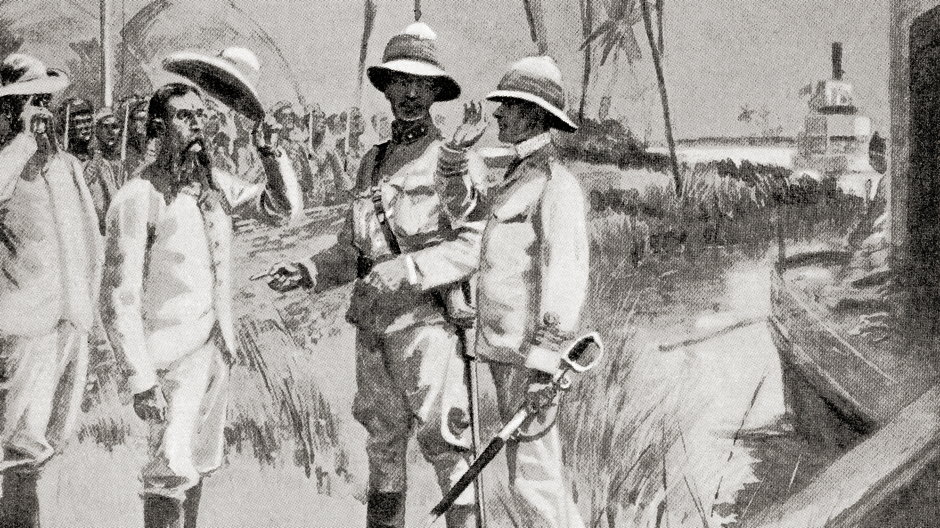 Gen. Horatio Herbert Kitchener (z lewej) spotyka się z mjr. Jean-Baptiste Marchandem (z prawej) podczas Zdarzenia w Faszodzie, lipiec 1898 r.