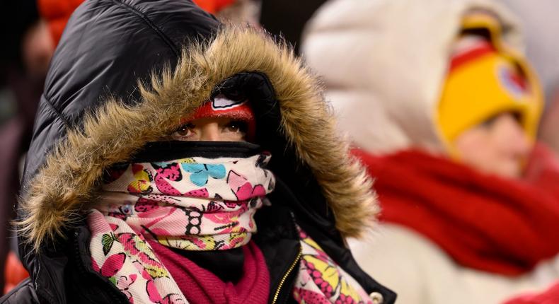 Kansas City Chiefs fans were well bundled up for the below-zero weather at the NFL wild-card playoff football game against the Miami Dolphins, on January 13, 2024, in Kansas City, Missouri.Reed Hoffmann/AP