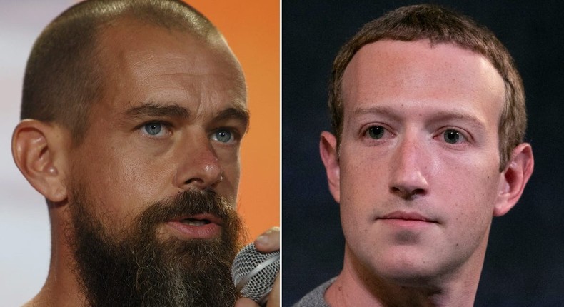 Twitter CEO Jack Dorsey (left) and Facebook CEO Mark Zuckerberg.
