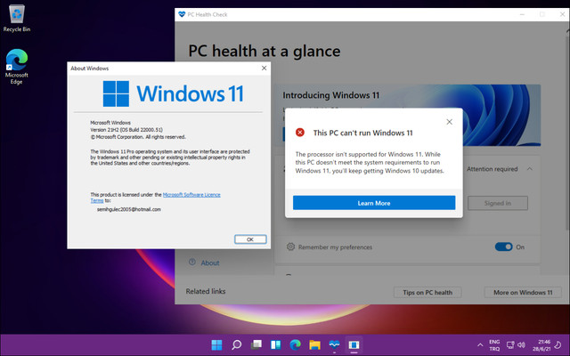 Aplikacja Microsoftu informuje o niespełnianiu wymagań Windows 11... na wersji Preview Windows 11.