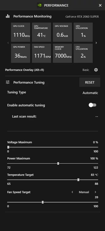 Moduł Wydajność w GeForce Experience