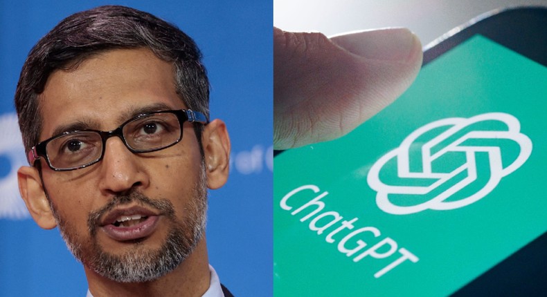 Sundar Pichai, the CEO of Google, told Wired that Google isn't in a rush to catch up to OpenAI's ChatGPT. Anna Moneymaker/Getty Images (R); Thomas Trutschel/Getty Images (L)