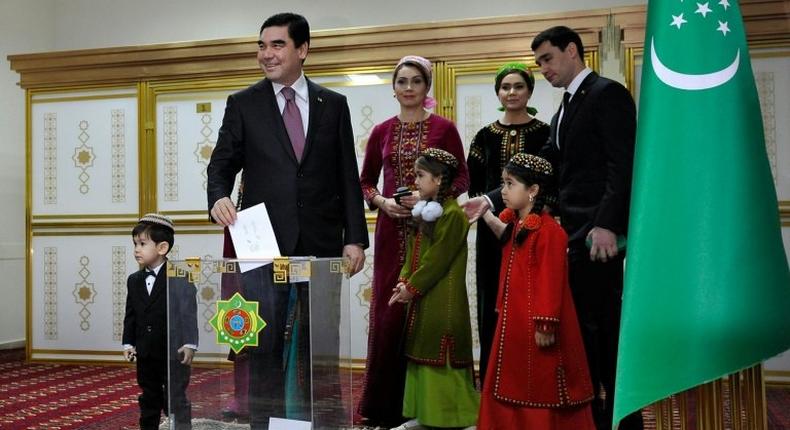 Turkmenistan's President Gurbanguly Berdymukhamedov casts his vote at a polling station in the capital Ashgabat during the election on February 12, 2017