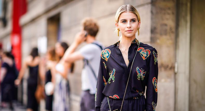 Caroline Daur in printed pajamas during Paris Fashion Week Haute Couture Fall Winter 2018/2019.
