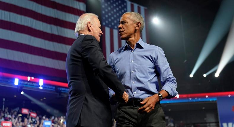 President Joe Biden greets former President Barack Obama during a 2022 midterm campaign rally in Philadelphia.Patrick Semansky/AP