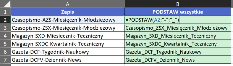 4.13  Podstawienie w miejsce wszystkich myślników – znaków podkreślenia _