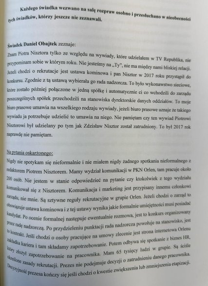 Fragment zeznań Daniela Obajtka, złożonych pod przysięgą w sądzie 11 maja 2023 r