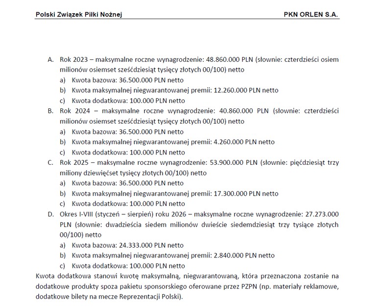 Fragment umowy pomiędzy Orlenem i PZPN ustalający wynagrodzenie dla piłkarskiego związku
