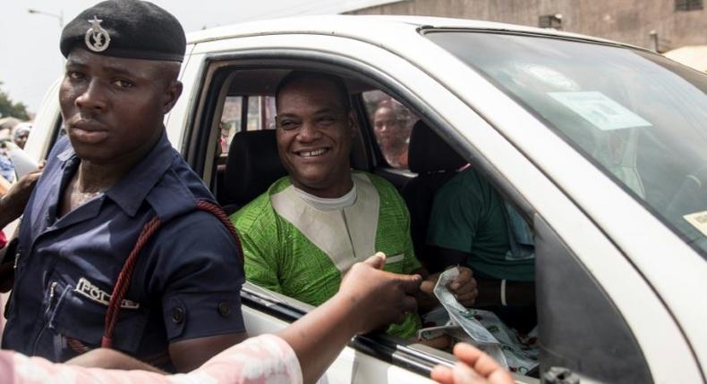 Ivor Kobina Greenstreet (C), Convention Peoples' Party (CPP) candidate for the December 7 presidential elections, meets supporters on November 30, 2016